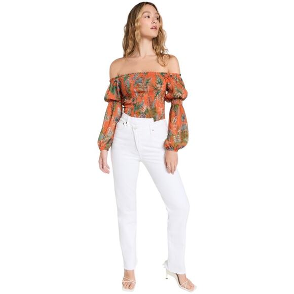 L'Agence NWT Cece Smocked Off-Shoulder Top Orange Parrot Puff Sleeve Size S - Picture 4 of 13